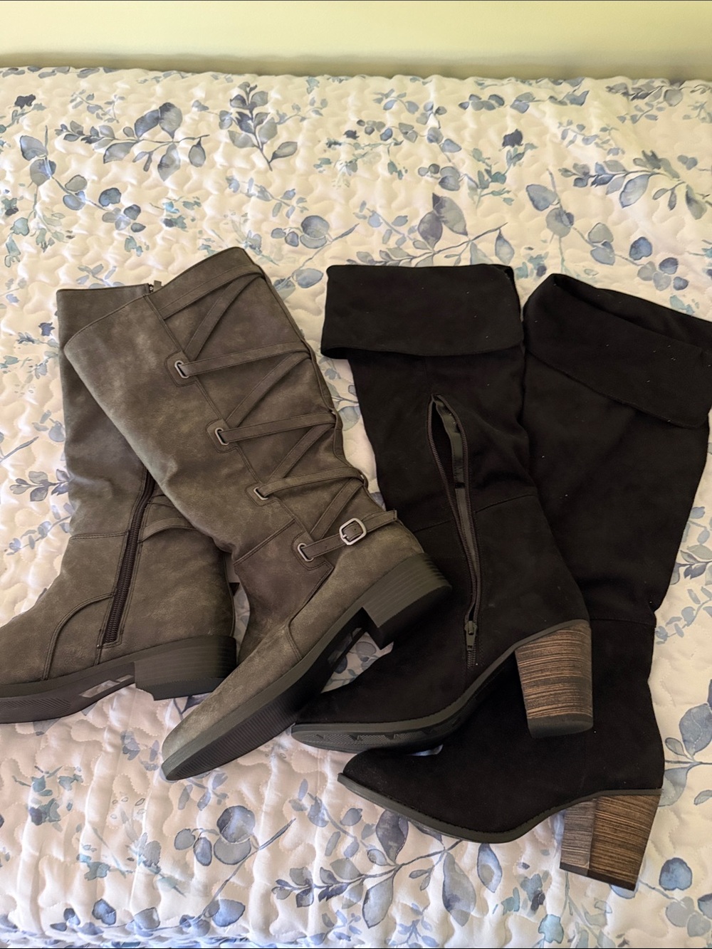 Bundle 2 New pair of woman’s boots. Gray riding boots and above knee black suede